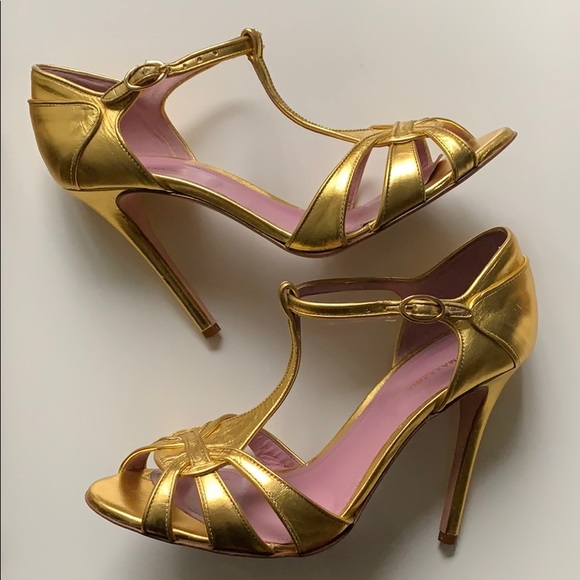 gold t strap pumps